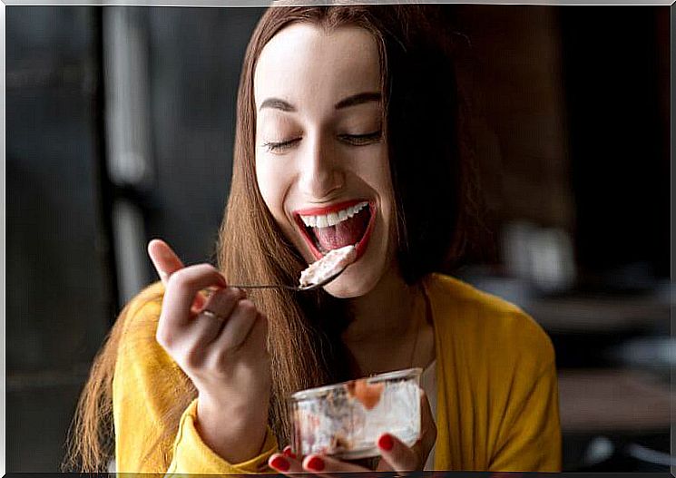 Woman eating dessert