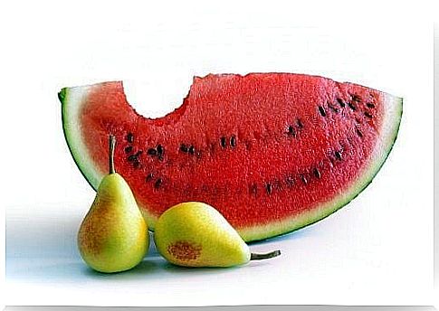 Watermelon and two pears