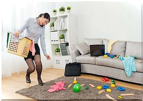 woman cleaning up and doing laundry