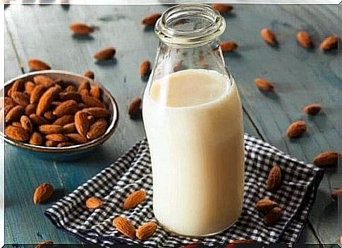 almond milk in glass bottle