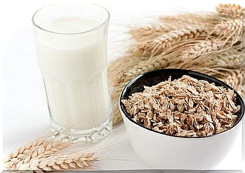 Bowl with oats and a glass of milk