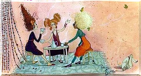 Three women drink tea