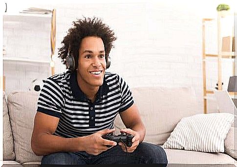 Young man playing video games